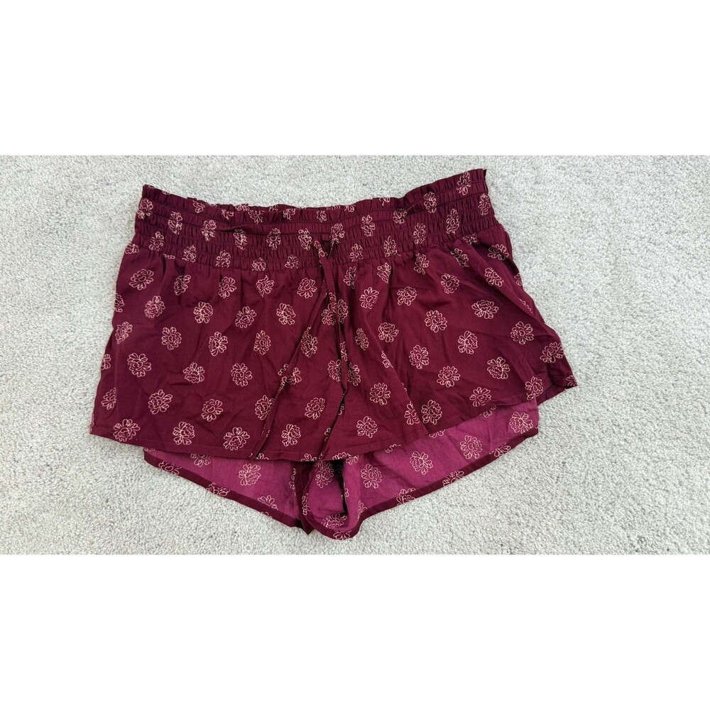 Aerie Mid-Rise Burgundy Floral Lightweight.Shorts Elastic Drawstring Tie - M